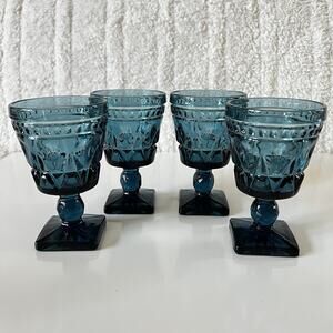 Indiana Glass Colony Park Lane Teal Blue Goblet Glass 4 1/2” Tall Vintage Set 4